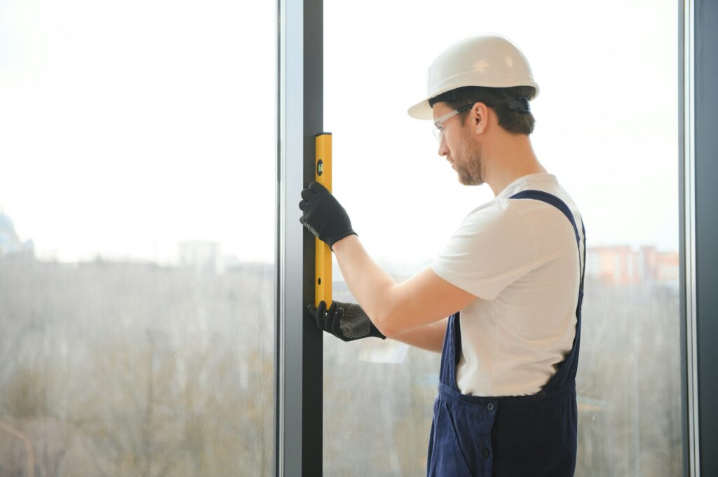 Construction worker installing window in house.